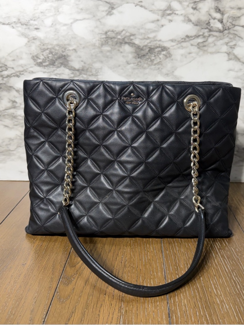 kate spade Black Quilted Leather Tote with Chain-Strap